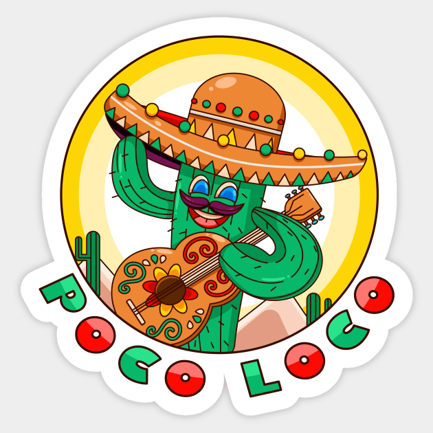 Poco loco, a cartoon cactus mascot in a Mexican hat who plays the guitar Sticker by Vyndesign